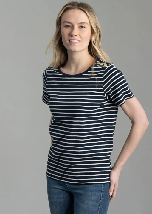 Padstow Crew Neck T-Shirt - Ink Navy and Natural Stripe