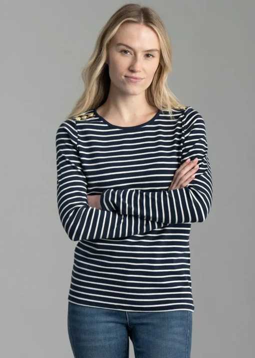 Padstow Long Sleeve Crew Neck T-Shirt - Ink Navy and Natural Stripe