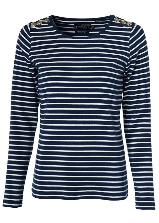 Padstow Long Sleeve Crew Neck T-Shirt - Ink Navy and Natural Stripe