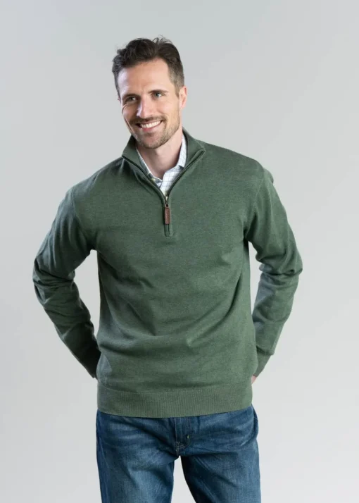 Porthmeor Pima Cotton Quarter Zip - Country Green