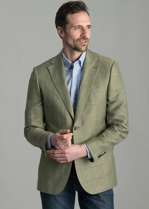 Powburn Tweed Jacket - Green Herringbone with Sky and Pink Check