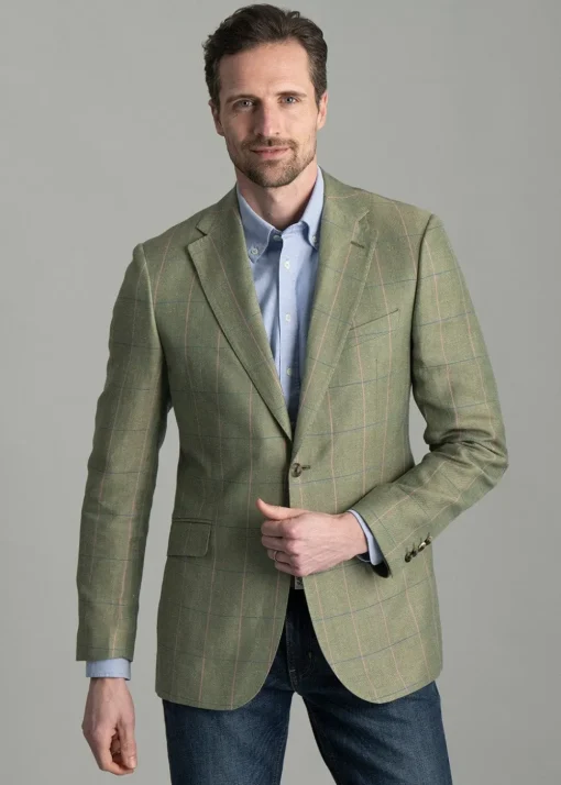 Powburn Tweed Jacket - Green Herringbone with Sky and Pink Check