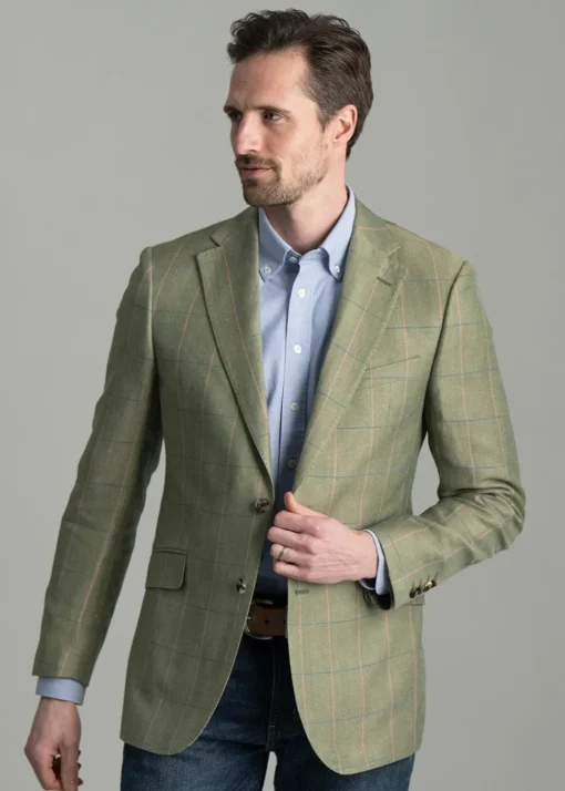 Powburn Tweed Jacket - Green Herringbone with Sky and Pink Check