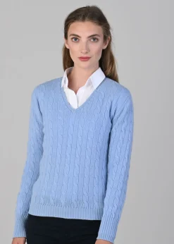Sophia Cashmere Cable Vee Neck - Hyacinth