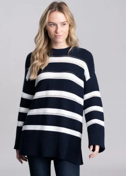 Striped Textured Crew Neck - Evening Blue