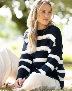 Striped Textured Crew Neck - Evening Blue