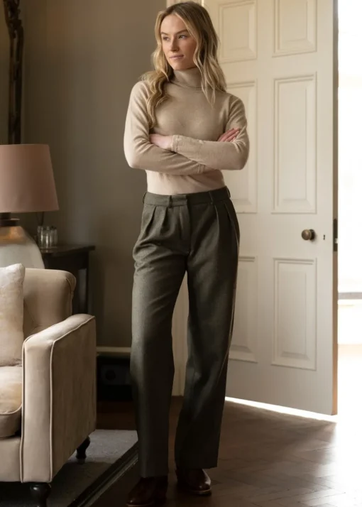 Twill Wide Leg Trousers - Penistone Herringbone